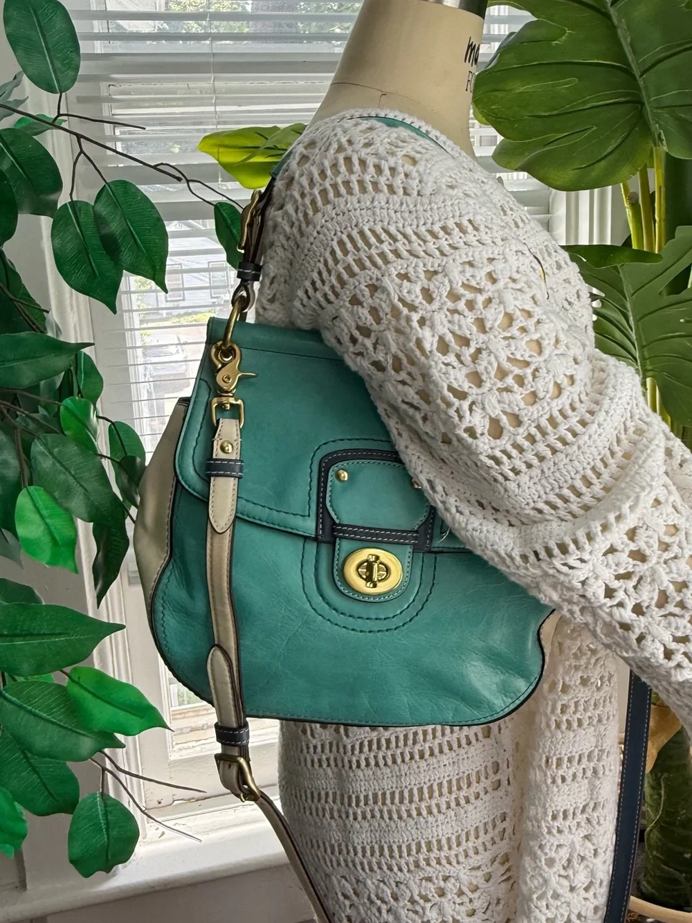 Coach Teal Leather Satchel with Tassel and Gold Hardware